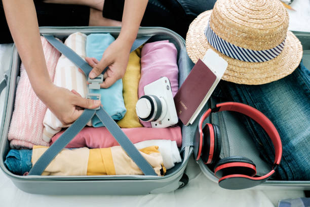 Flat lay of travel essentials, beachwear, and beauty items for a girls trip, featuring items from the Girls Weekend Packing List.