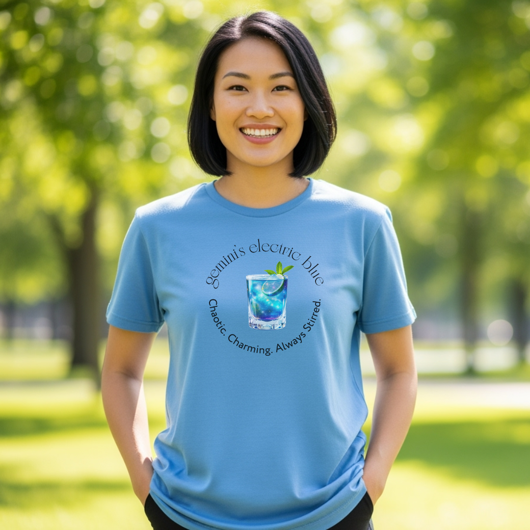 Gemini’s Electric Blue | Astromixology Zodiac Cocktail Recipe Wheel of Dare QR Code Party Game Shirt (Copy)