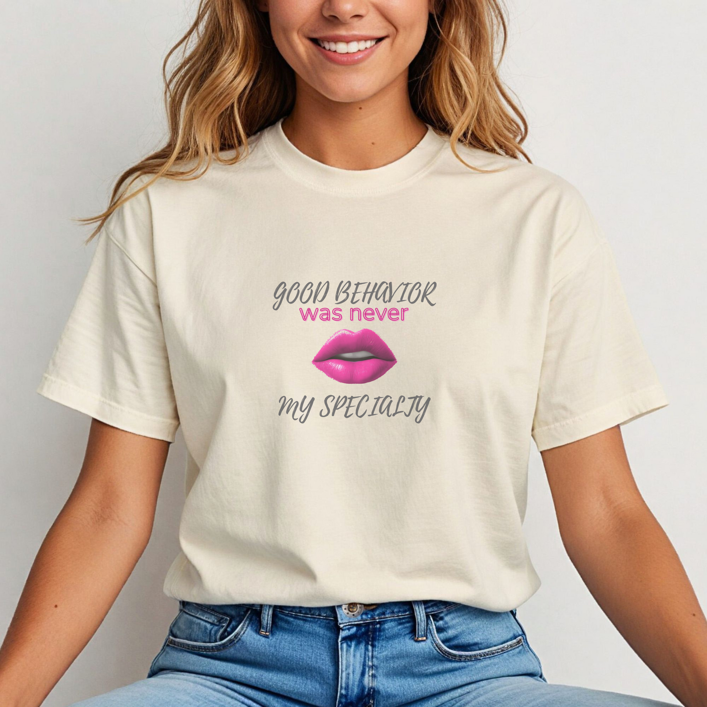 Good Behavior Was Never My Specialty Tee – Big Pink Lips | Party Dare QR Code