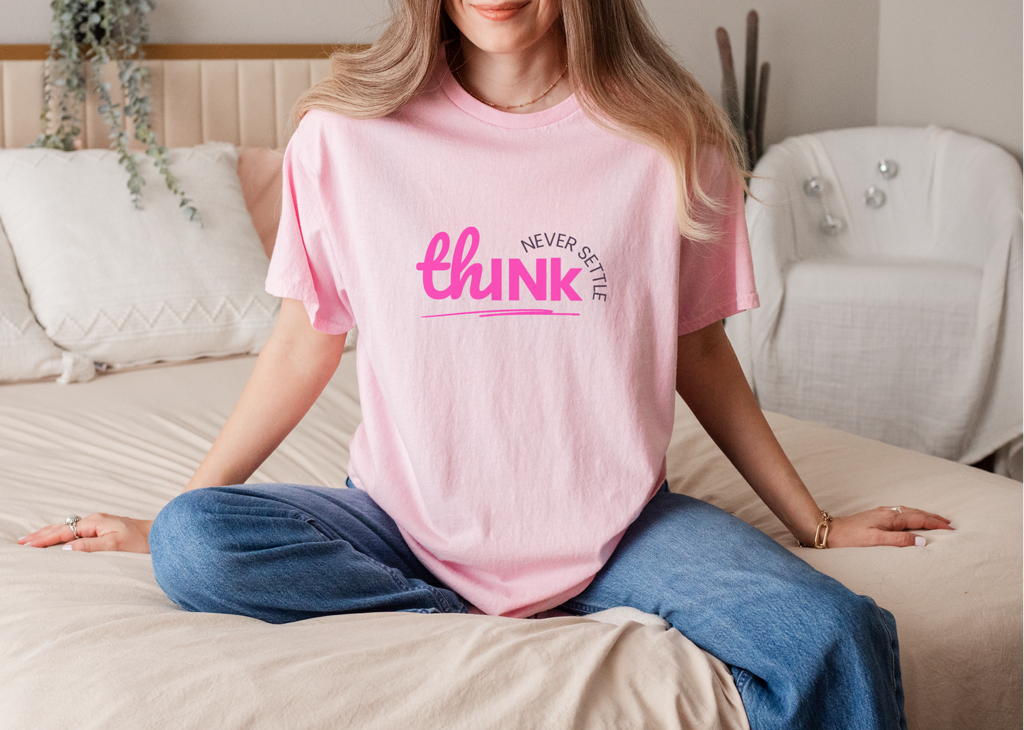 THINK. Never Settle Tee – Wheel of Dare QR Code Party Game Shirt