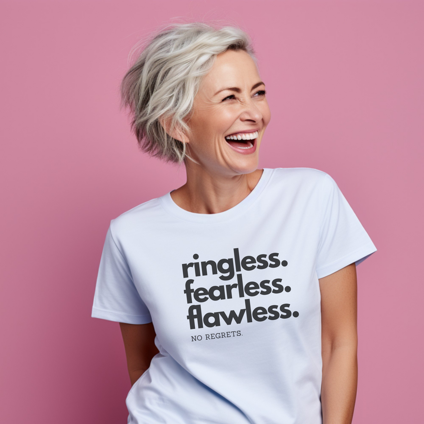 Ringless. Fearless. Flawless: No Regrets Tee – Wheel of Dare QR Code Party Game Shirt