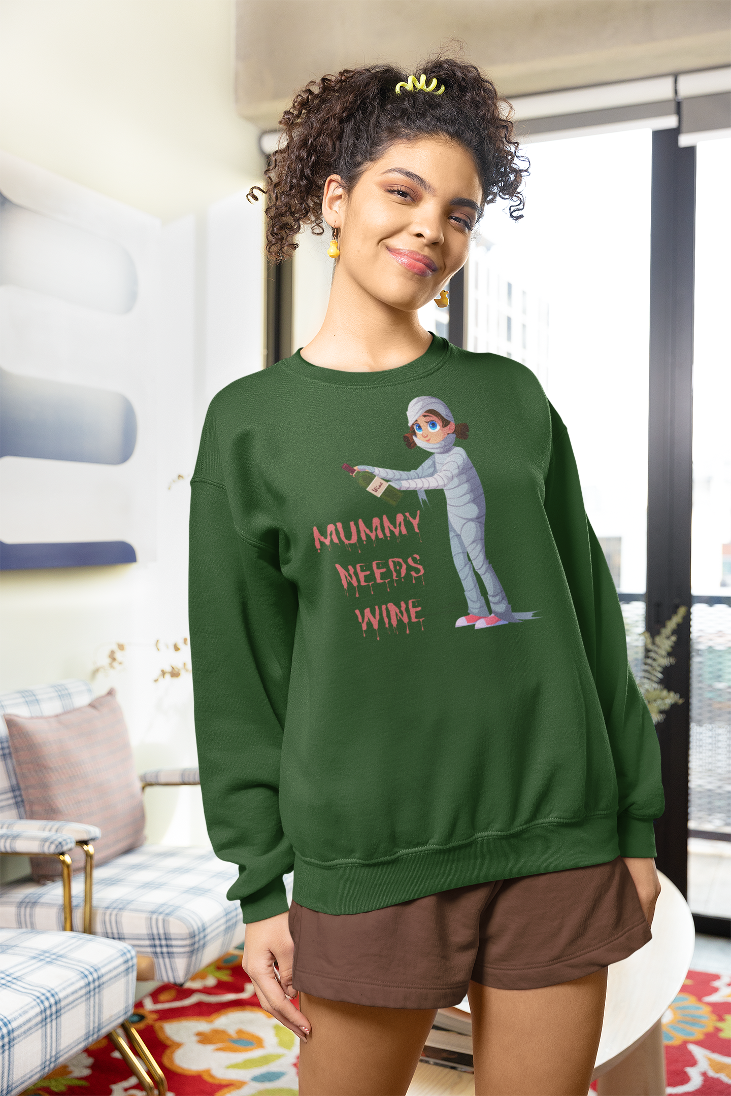 Mummy Needs Wine Halloween Sweatshirt – Wheel of SCARE QR Party Game Included