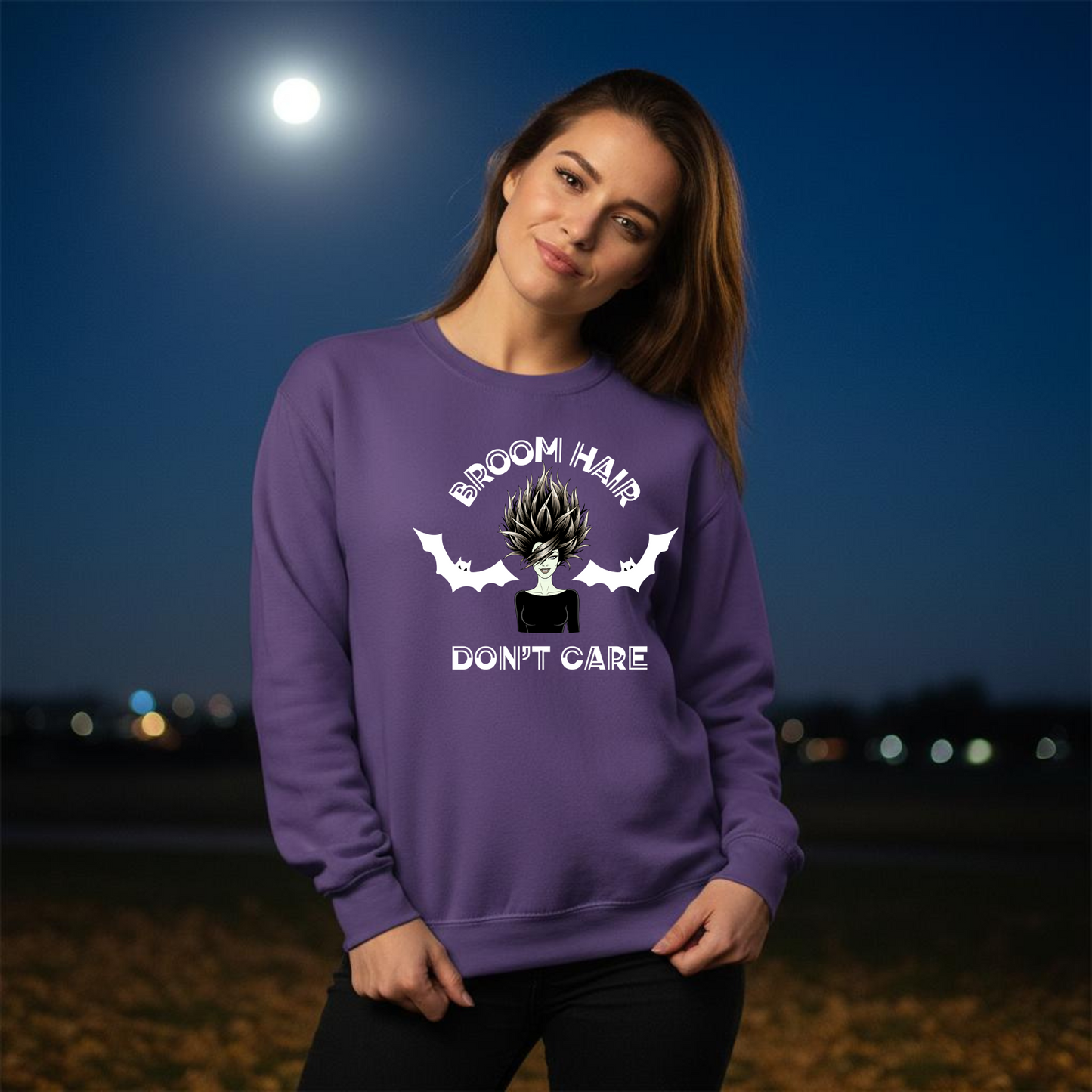 Broom Hair Don’t Care Halloween Sweatshirt – Wheel of SCARE QR Party Game Included