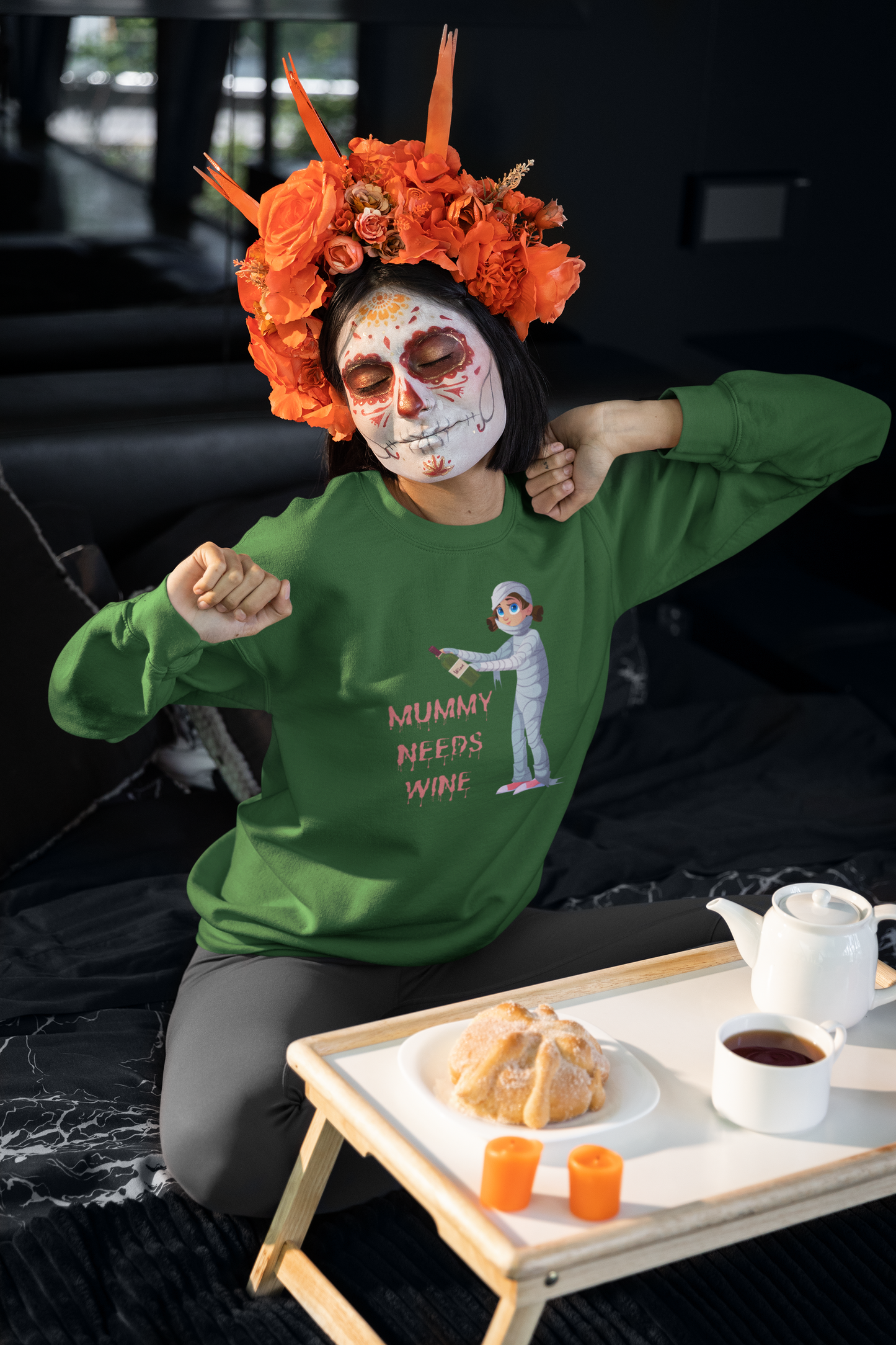 Mummy Needs Wine Halloween Sweatshirt – Wheel of SCARE QR Party Game Included