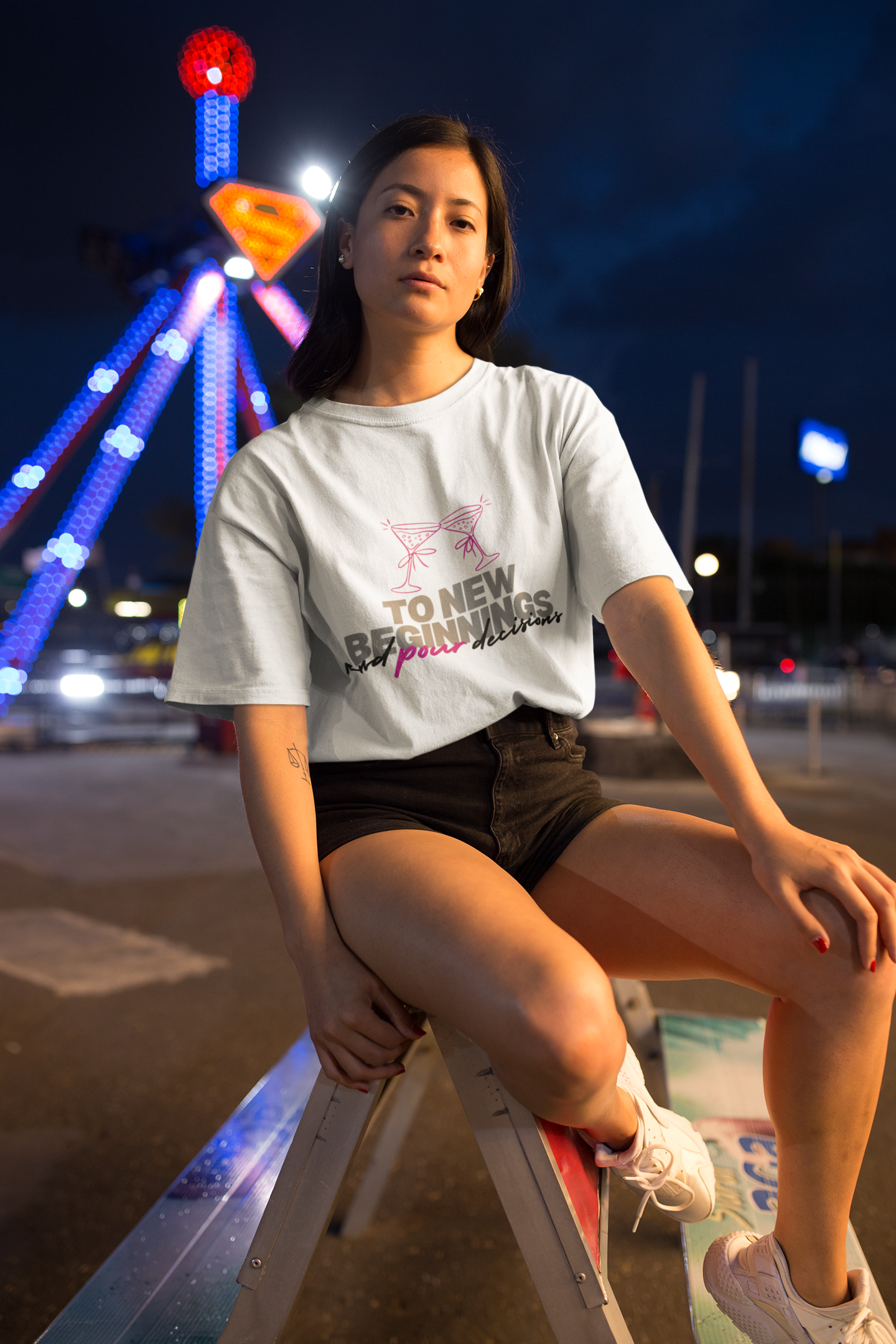 Cheers To New Beginnings Tee – Pour Decisions Party Shirt with Wheel of Dare QR Code Game