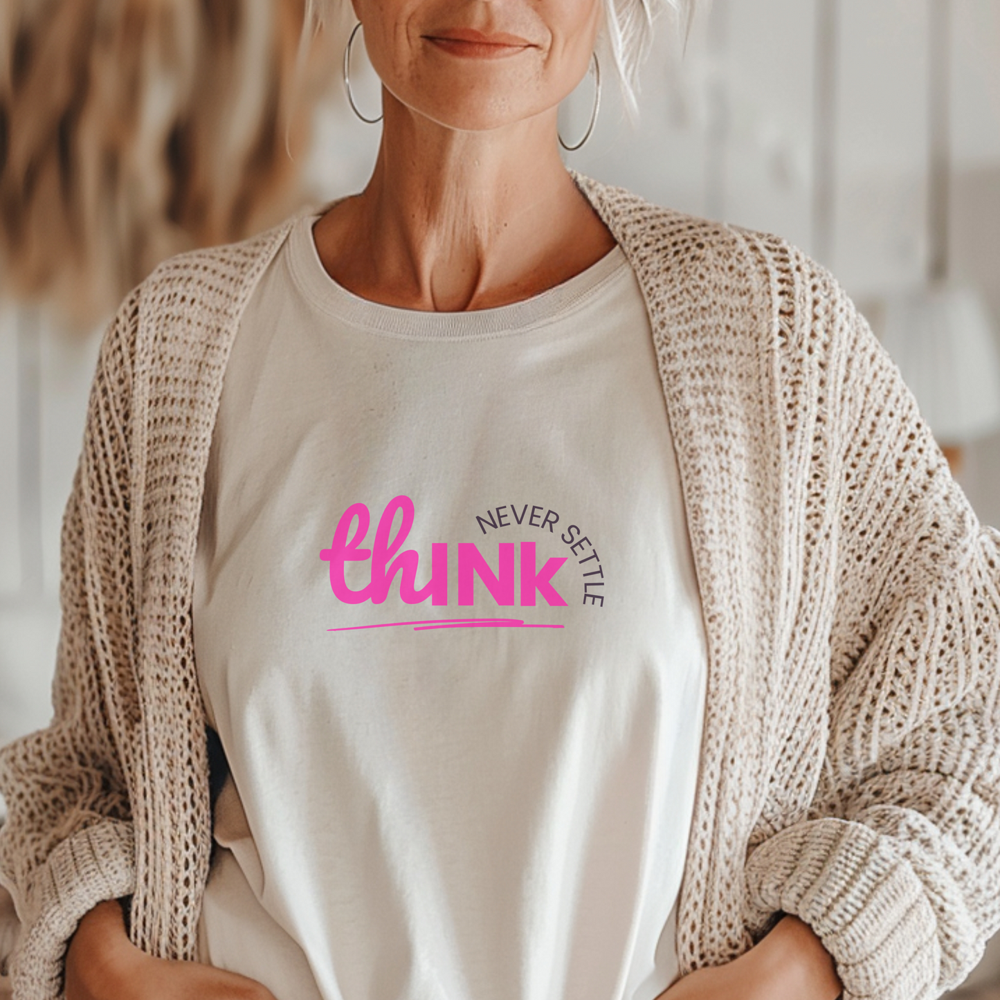 THINK. Never Settle Tee – Wheel of Dare QR Code Party Game Shirt