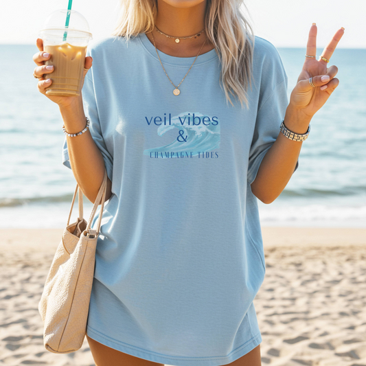 Veil Vibes & Champagne Tides Tee – Beach Bride Edition | Party Dare QR Code on Sleeve