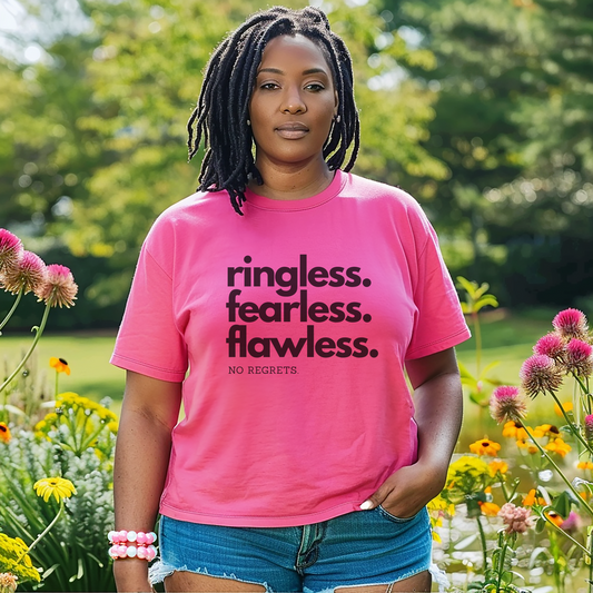 Ringless. Fearless. Flawless: No Regrets Tee – Wheel of Dare QR Code Party Game Shirt