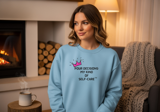 Pour Decisions: My Kind of Self-Care Sweatshirt – Wheel of Dare QR Party Game Included