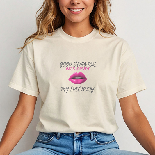 Good Behavior Was Never My Specialty Tee – Big Pink Lips | Party Dare QR Code