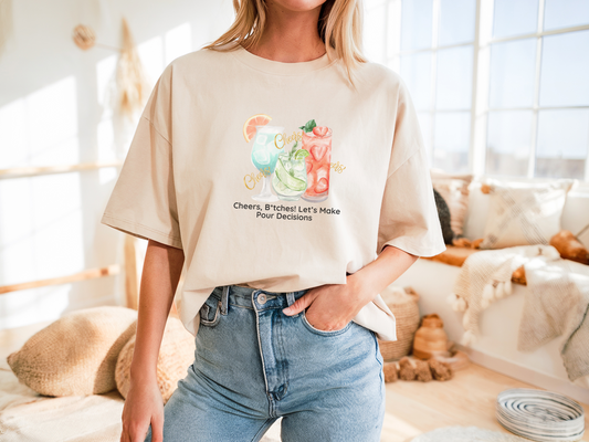 Cheers, B*tches! Let’s Make Pour Decisions Tee – Cocktail Party Edition | Party Dare QR Code