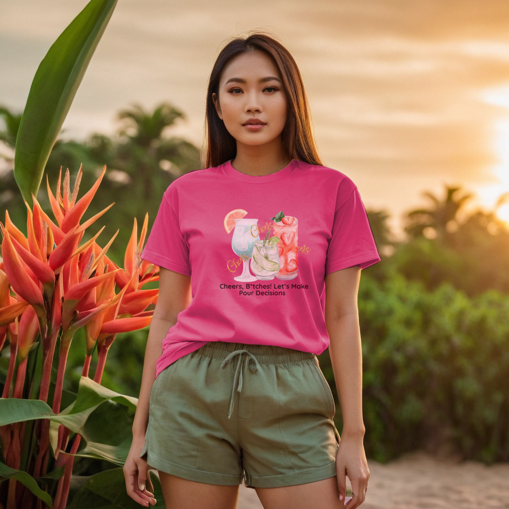 Cheers, B*tches! Let’s Make Pour Decisions Tee – Cocktail Party Edition | Party Dare QR Code