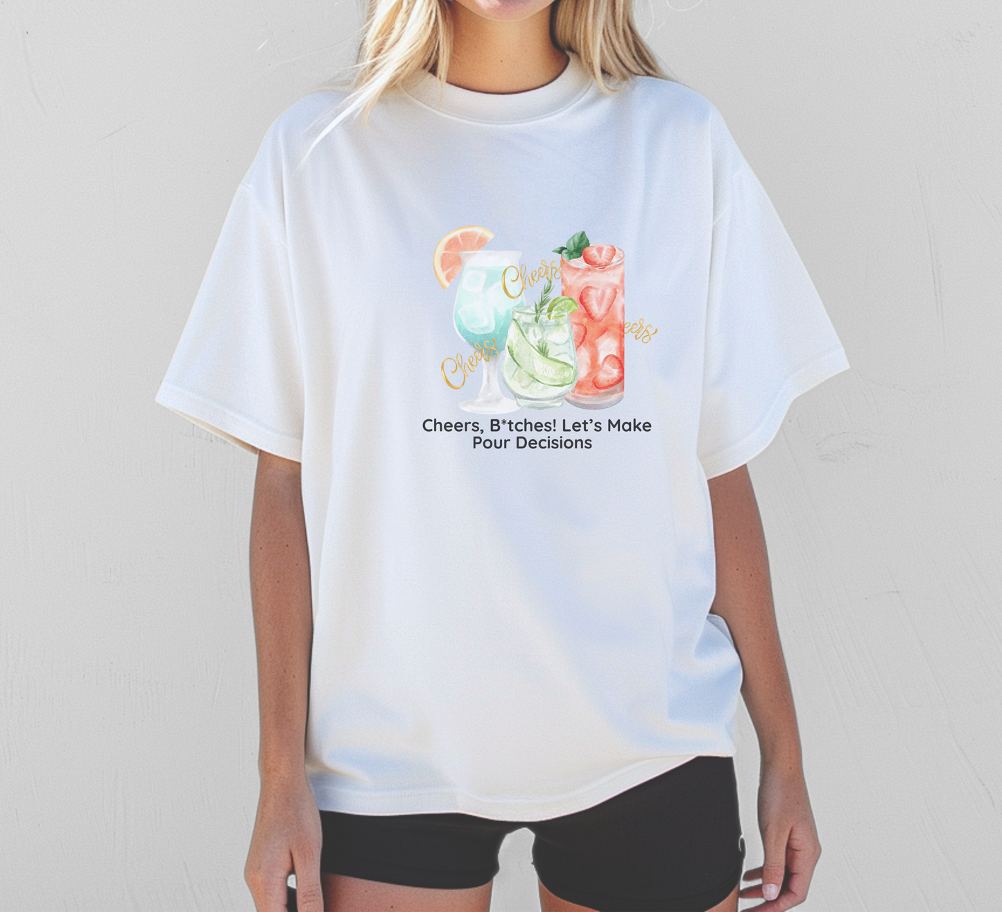 Cheers, B*tches! Let’s Make Pour Decisions Tee – Cocktail Party Edition | Party Dare QR Code