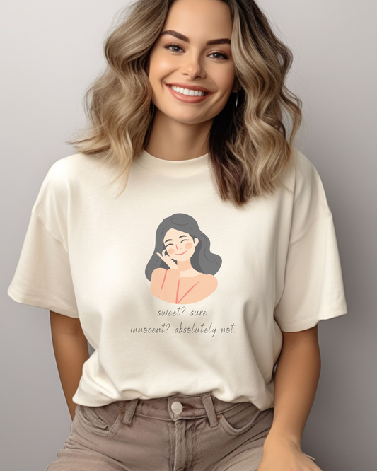 Sweet? Sure. Innocent? Absolutely Not. Tee – Sassy Angel Edition | Party Dare QR Code