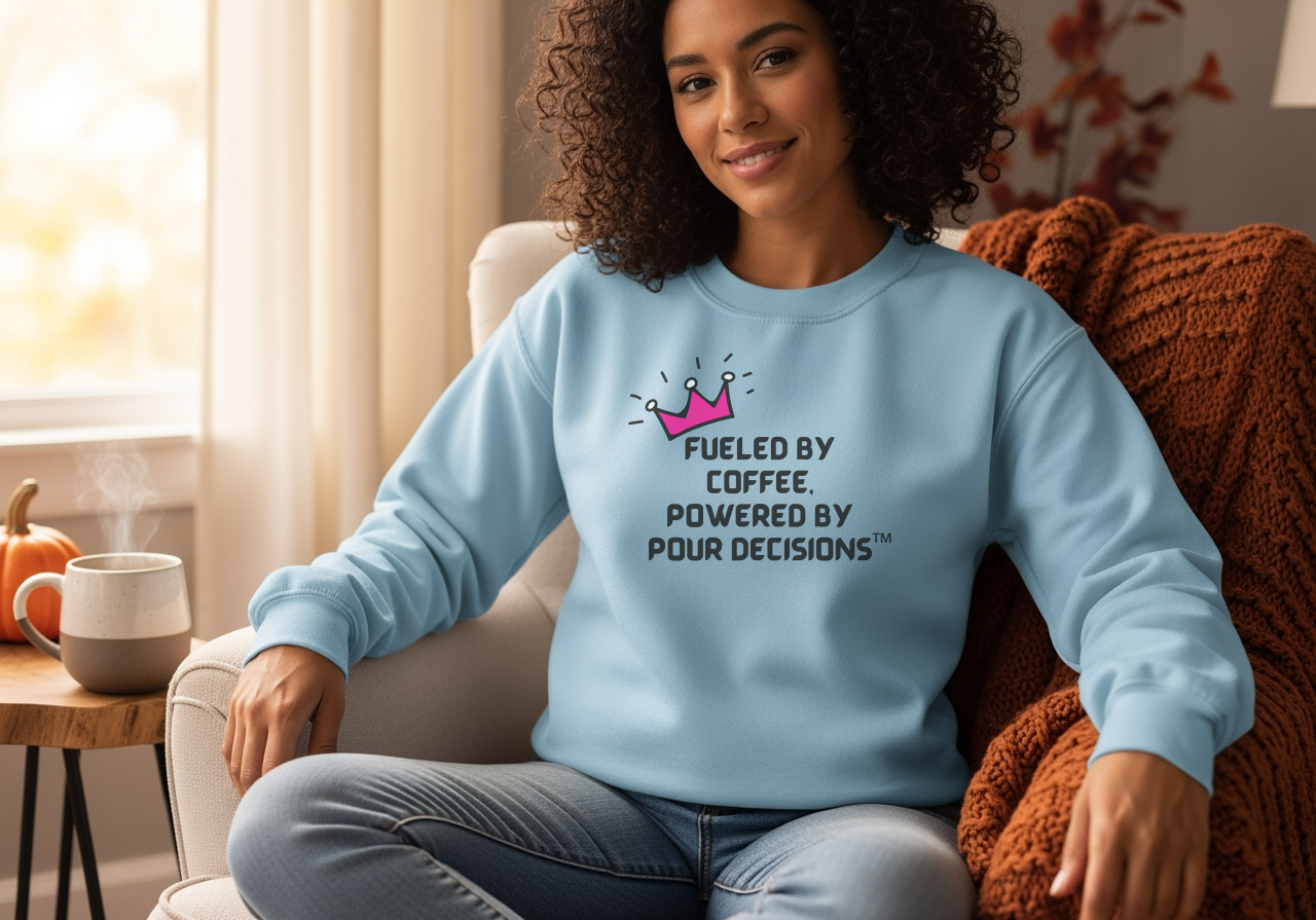Fueled by Coffee, Powered by Pour Decisions Sweatshirt – Wheel of Dare QR Party Game Included