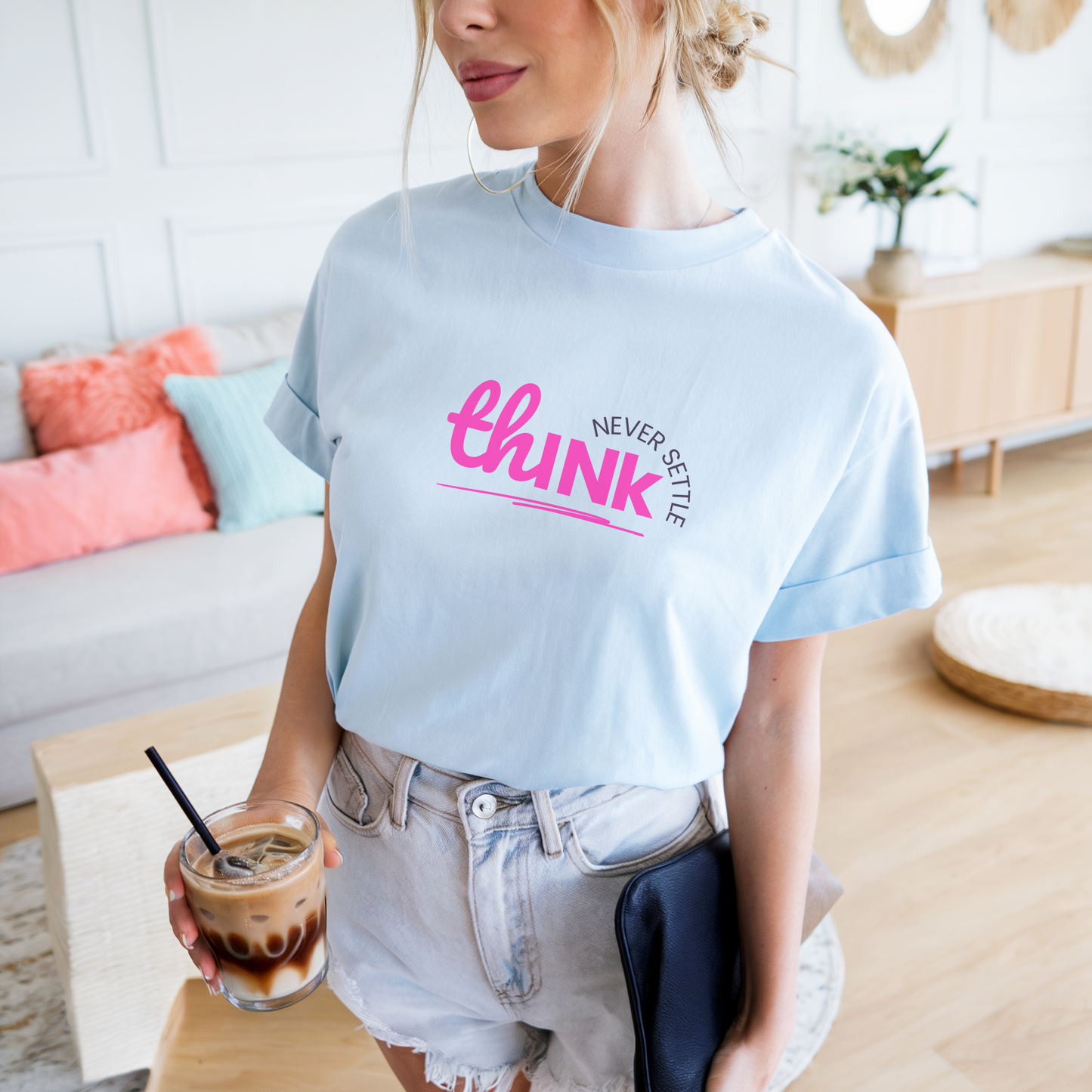 THINK. Never Settle Tee – Wheel of Dare QR Code Party Game Shirt