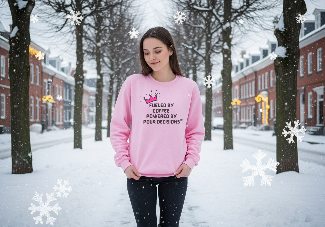 Fueled by Coffee, Powered by Pour Decisions Sweatshirt – Wheel of Dare QR Party Game Included