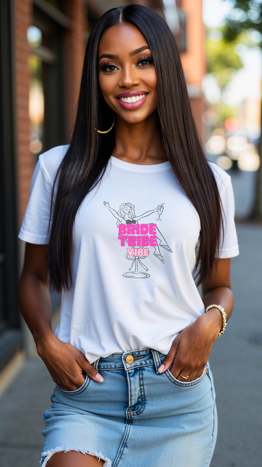 Bride Tribe Vibe Tee – Champagne Party Edition | Party Dare QR Code on Sleeve