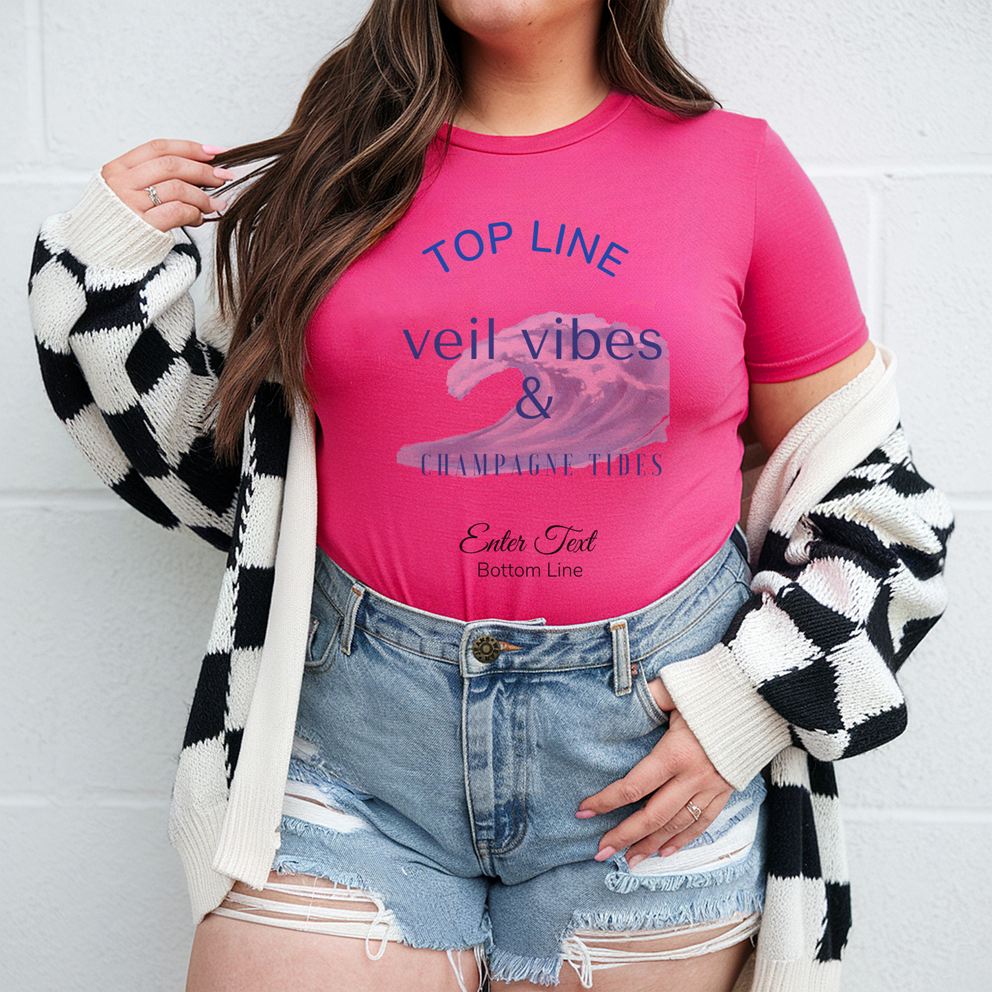 Veil Vibes & Champagne Tides Tee – Bachelorette Beach Party Shirt with Wheel of Dare QR Code