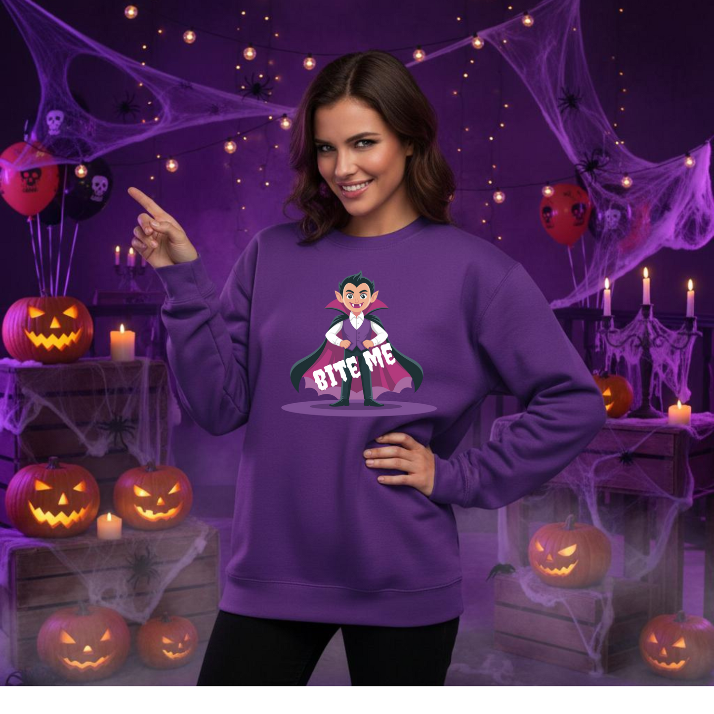 Bite Me Halloween Sweatshirt – Wheel of SCARE QR Party Game Included