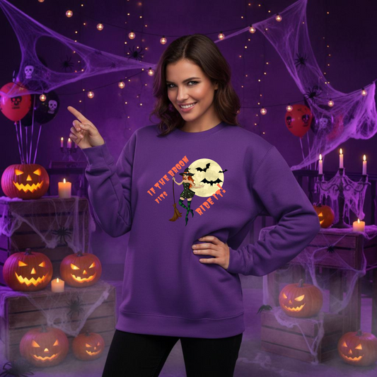 If the Broom Fits, Ride It! Halloween Sweatshirt – Wheel of SCARE QR Party Game Included