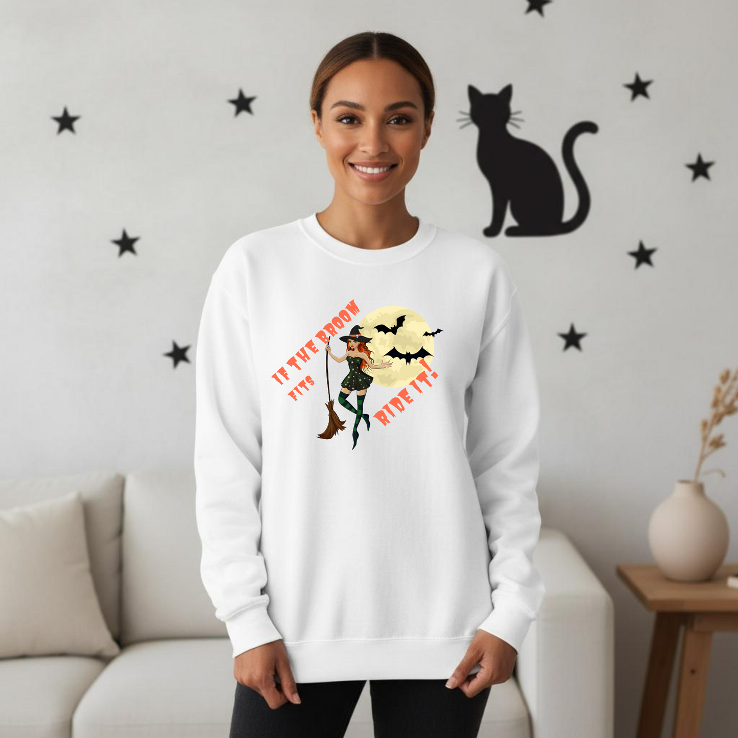If the Broom Fits, Ride It! Halloween Sweatshirt – Wheel of SCARE QR Party Game Included
