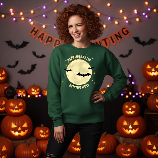 Casting Spells, Raising Hell Halloween Sweatshirt – Wheel of SCARE QR Party Game Included