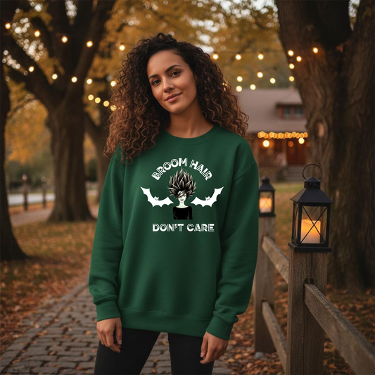 Broom Hair Don’t Care Halloween Sweatshirt – Wheel of SCARE QR Party Game Included