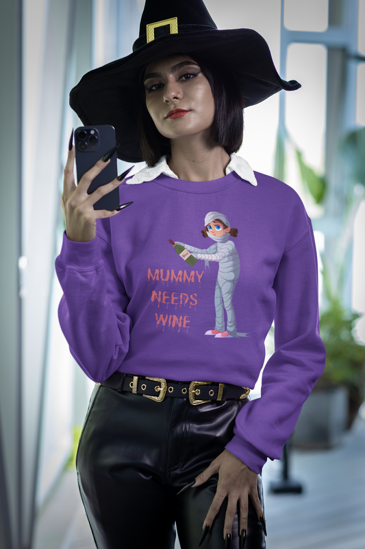 Mummy Needs Wine Halloween Sweatshirt – Wheel of SCARE QR Party Game Included