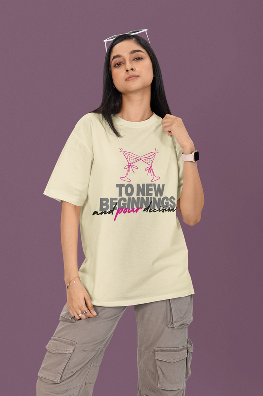 Cheers To New Beginnings Tee – Pour Decisions Party Shirt with Wheel of Dare QR Code Game